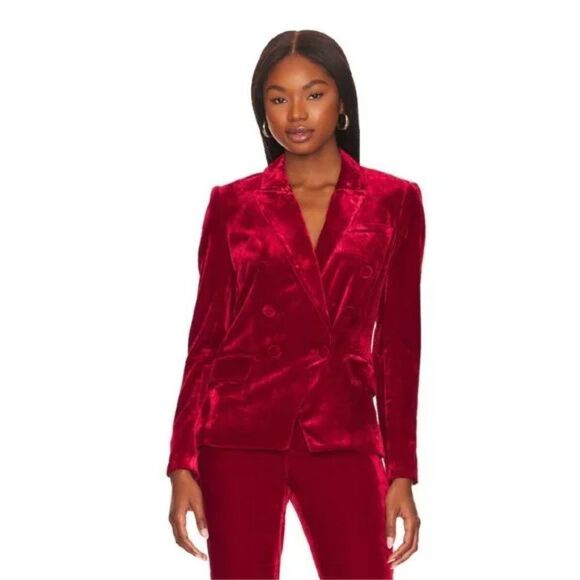 NWT L'AGENCE Kenzie Red Crushed Velvet Double Breasted Blazer Jacket - Picture 5 of 15